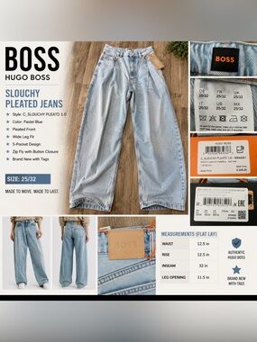 HUGO BOSS Slouchy Pleated Wide Leg Jeans Pastel Blue Size 25/32 NWT $208